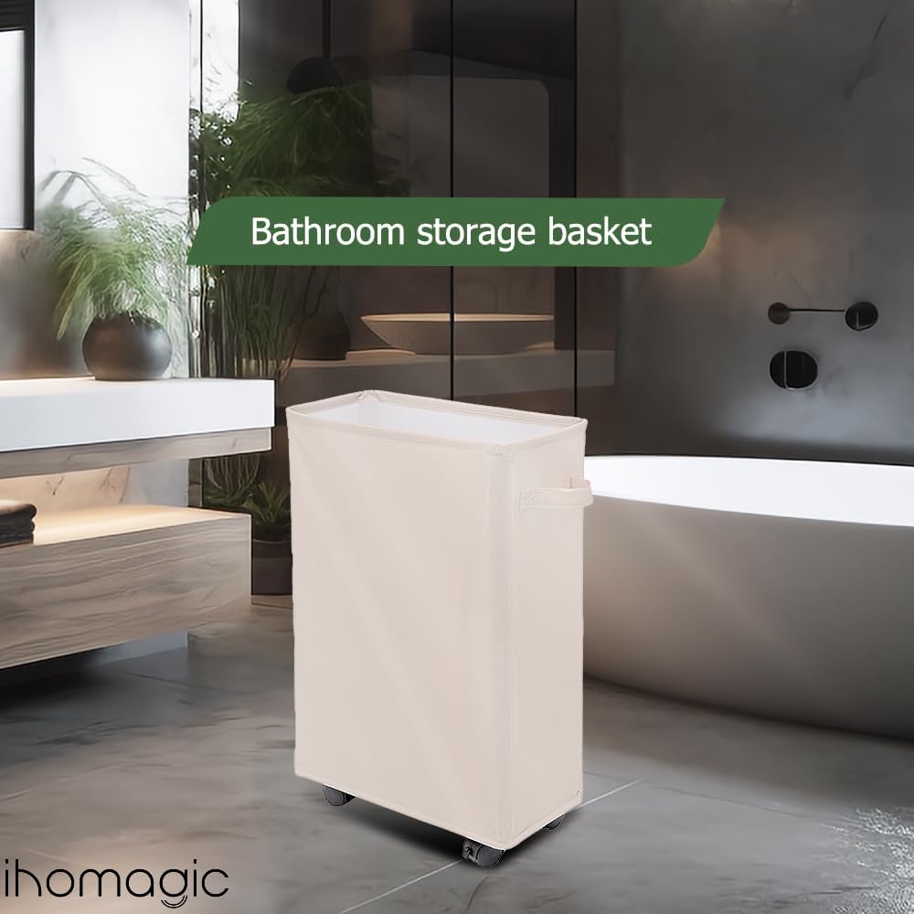 Slim Laundry Basket - Rectangle Laundry Hamper With Wheels - Foldable Storage Bin Coner Washing Hamper Dirty Clothes Storage Hamper for Clothes in Bedrooms, Living Room, Bathroom (Beige)