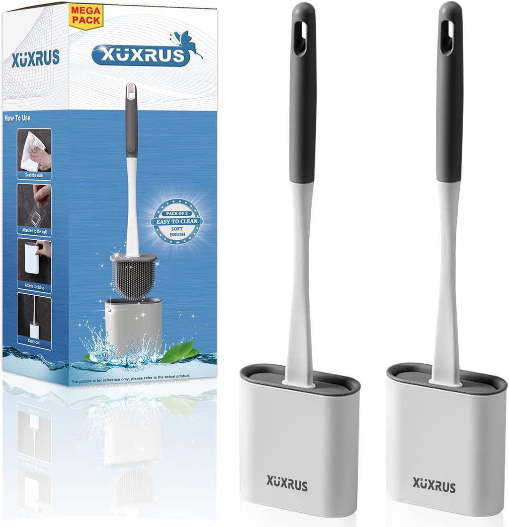 Silicone Toilet Brush with Quick Drying Holder Set -2Pack, Bathroom Toilet Brushes Set with No-Slip Silicone Handle & Anti-drip Base (Flooring/Wall Mounted) -White