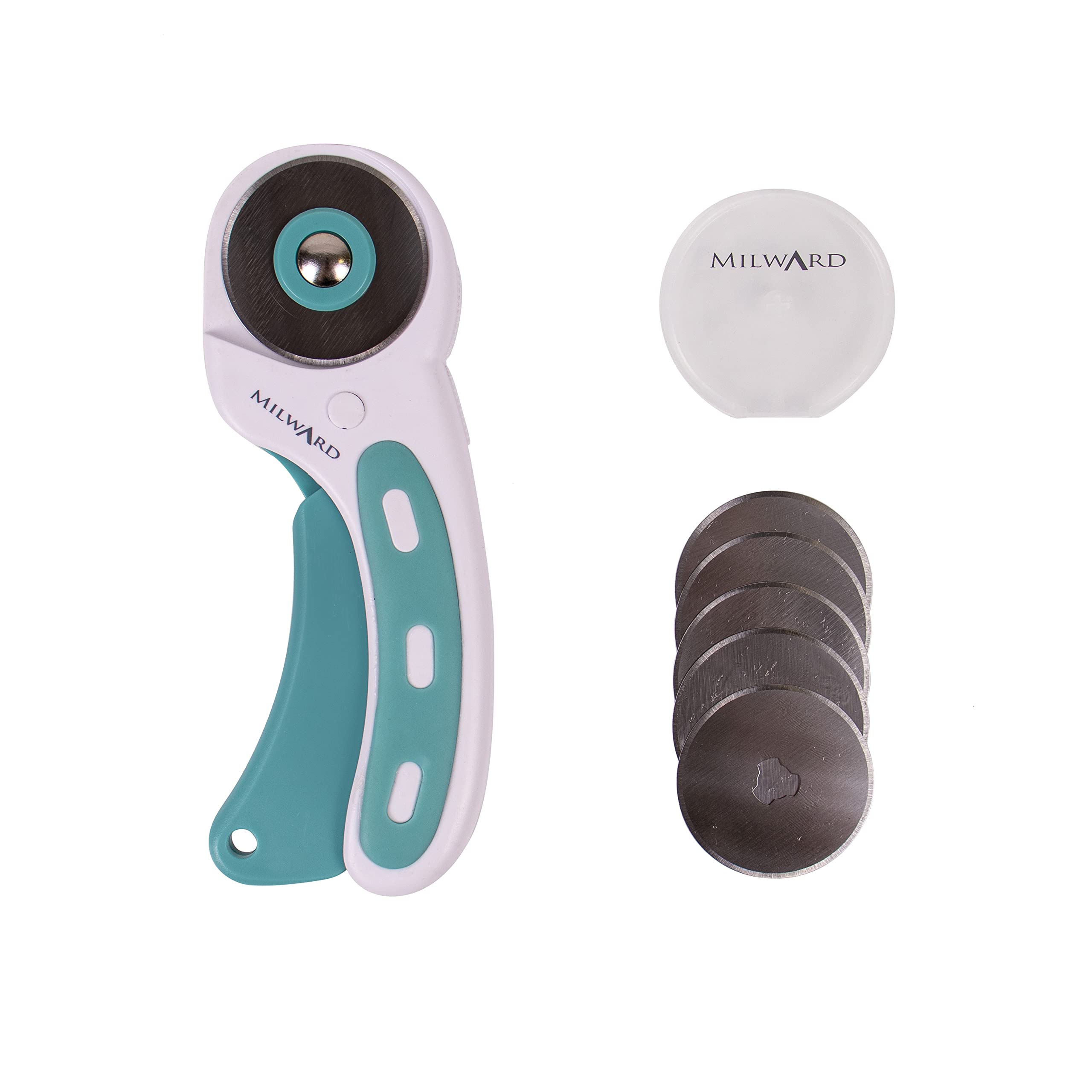 45mm Rotary Cutter & 5 Spare Blades, Ergonomic Handle with Safety Lock, Left & Right-Handed Fabric, Leather, Crafting, Sewing, Quilting, Fabric Rotary Cutter, Turquoise & White Main image