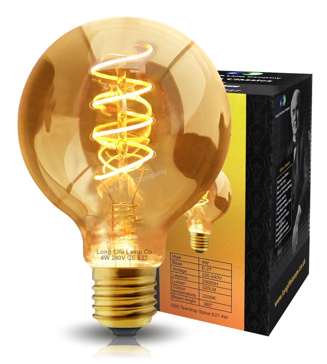 Long Life Lamp Company Retro Vintage Globe LED 4w Edison Style Spiral Filament Bulb Smoked Gold Glass G95 Teardrop E27 Main image