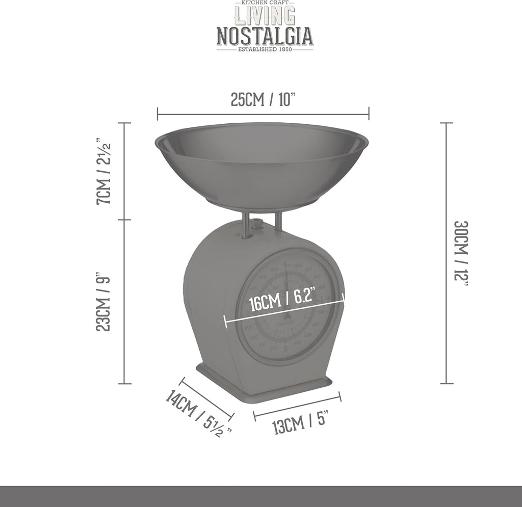 Living Nostalgia Mechanical Kitchen Scales, Retro Traditional Weighing Scale 4 kg (8 lbs), 25 x 25 x 3 cm, English Sage