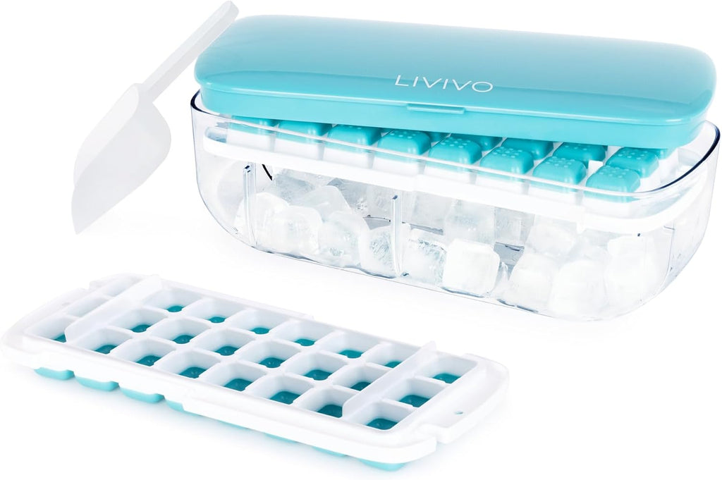 Ice Cube Tray with Lid Dispenser & Storage - Reusable BPA Free Easy Press Release 48 Ice Cube Moulds - 2 Tray with Dispenser, Ice Bucket & Scoop