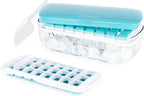 Ice Cube Tray with Lid Dispenser & Storage - Reusable BPA Free Easy Press Release 48 Ice Cube Moulds - 2 Tray with Dispenser, Ice Bucket & Scoop
