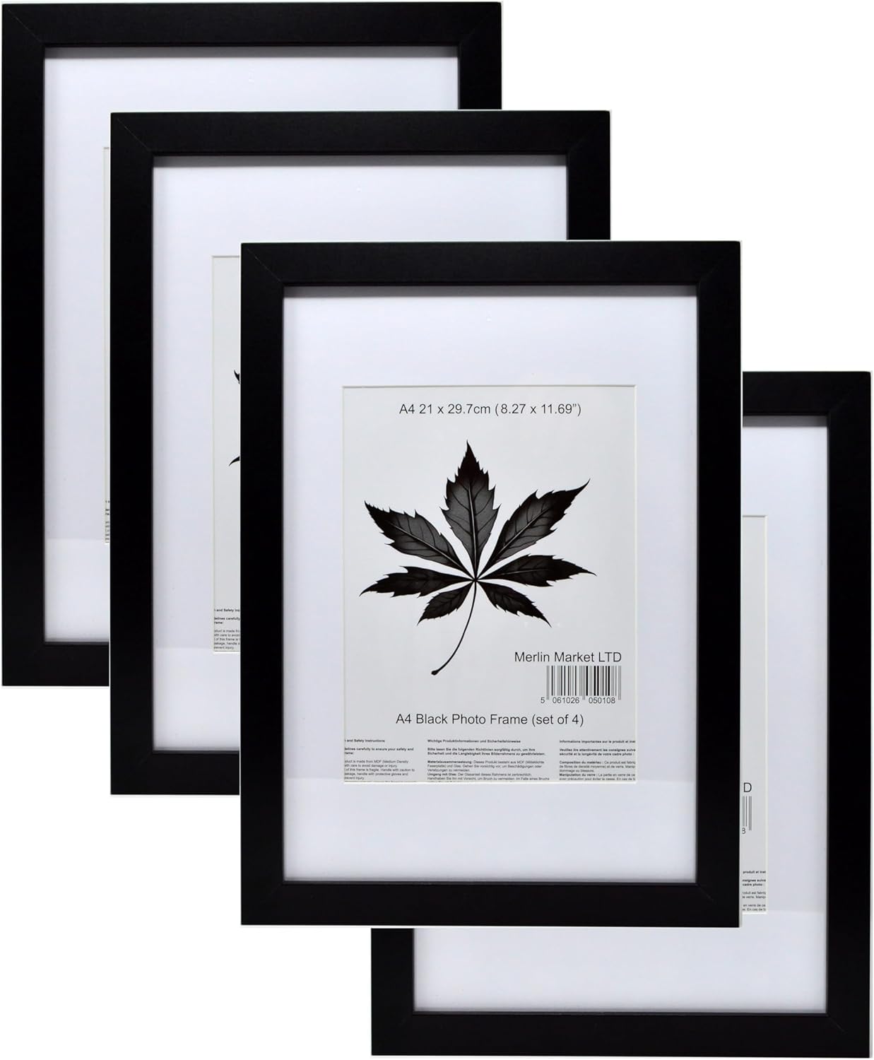 Black A4 Frame Set of 4 (21x29.7cm) with Mount for 19x14cm | Poster & Certificate Frame | Wall Mount or Table Top Display | Classic Style Main image