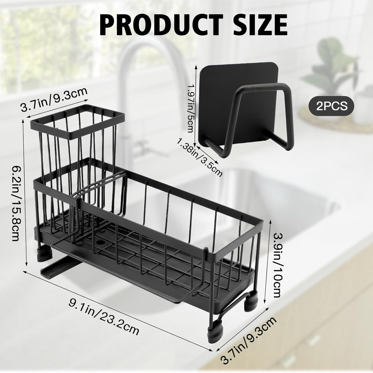 Sink Organizer for Kitchen, Kitchen Sink Organiser with Automatic Drain Tray with Two Sponge Holders, Sponge Holder