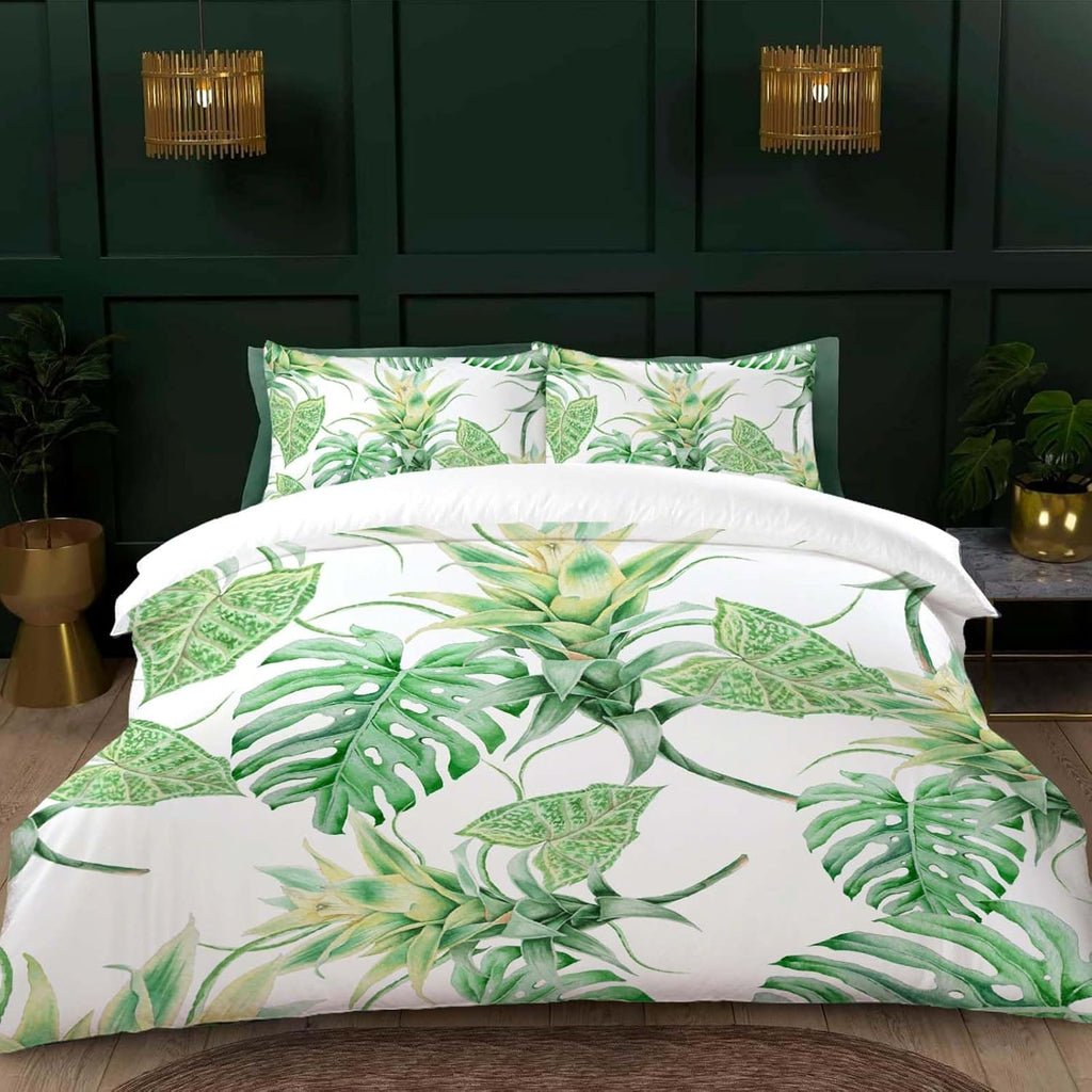 Palm Leaf Simple Light Green White King Size Duvet Cover Sets for Kids Adults,Plants King Size Bedding 3pc Bedspread Palm Leaf Bed Set,230X220cm