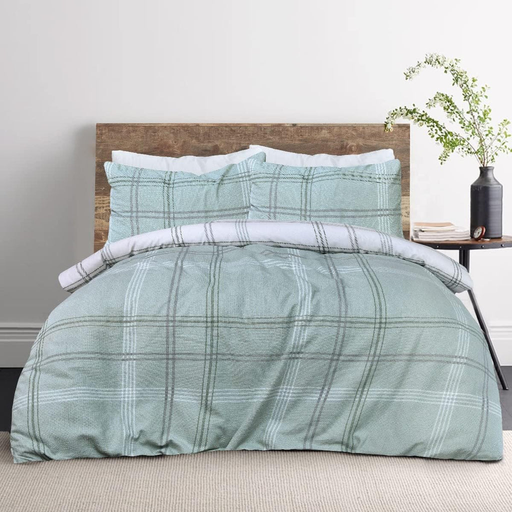 Waffle Green Check Reversible Duvet Cover Quilt Pillow Cases Bedding Set Soft Easy Care- Double (200cm x 200cm
