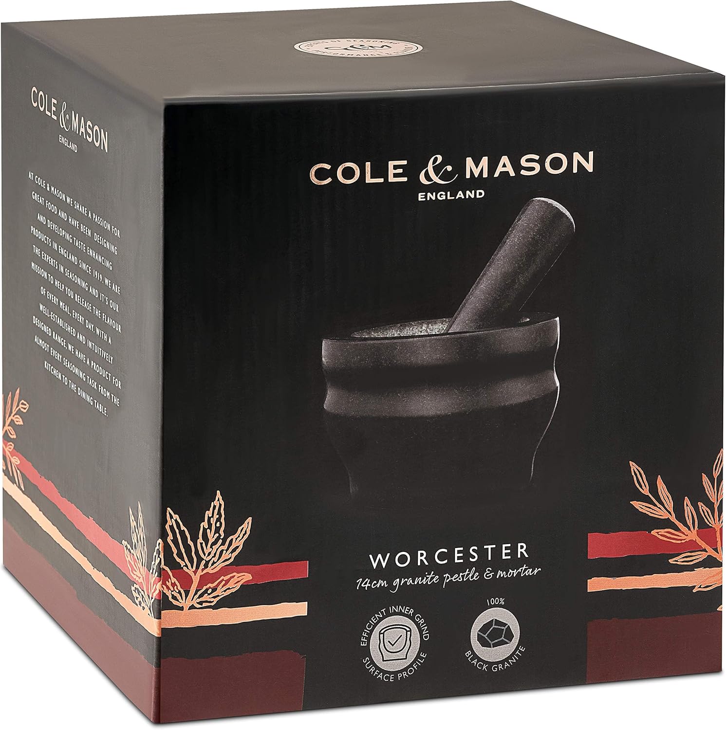 Worcester Black Pestle & Mortar Set, Granite, Spice Grinder/Herb Grinder, 140mm, Small Pestle and Mortar Set, 2 Year Guarantee