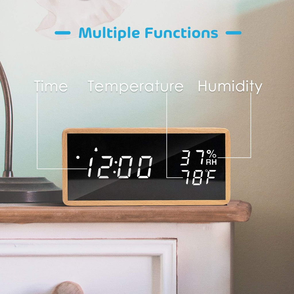 Alarm Clock Bedside, Wooden Digital Alarm Clocks Non Ticking, Adjustable Brightness & USB Charging for Bedside, Desk, Shelf