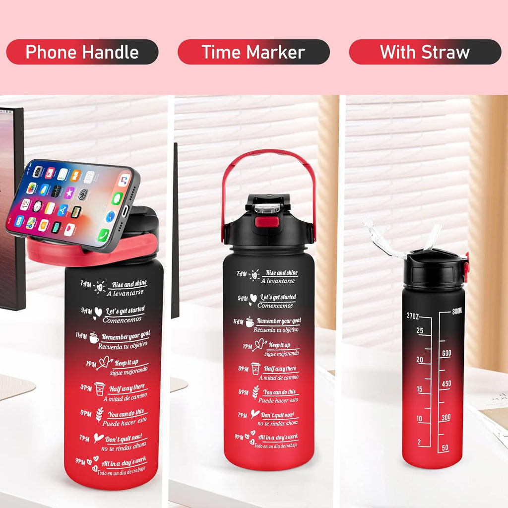 3 Pack Water Bottle BPA Free ,2L/800ML/300ML Sport Water Bottles with Straw & Brush,Motivational Time Markings, Leak-Proof, 2 Liters Gym Drinks Bottle for Adults Women, Running,Cycling -Black Red