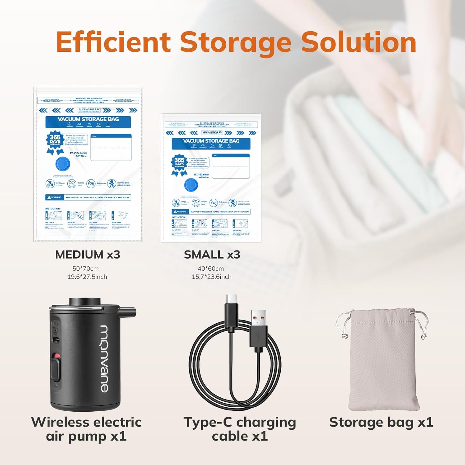 Vacuum Compression Storage Bags for Clothes - 6 Pack Reusable Space Saver Bags with Wireless Electric Air Pump for travel (3 Medium + 3 Small) Secondary image