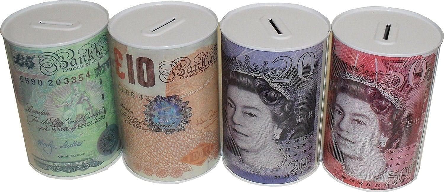 Sterling Money Box Tin - Piggy Bank, Coin, Cash Tin and Savings Tin to Save Birthday Money, Holiday and Christmas Fund - Multi-Colour - One Random Supplied Main image