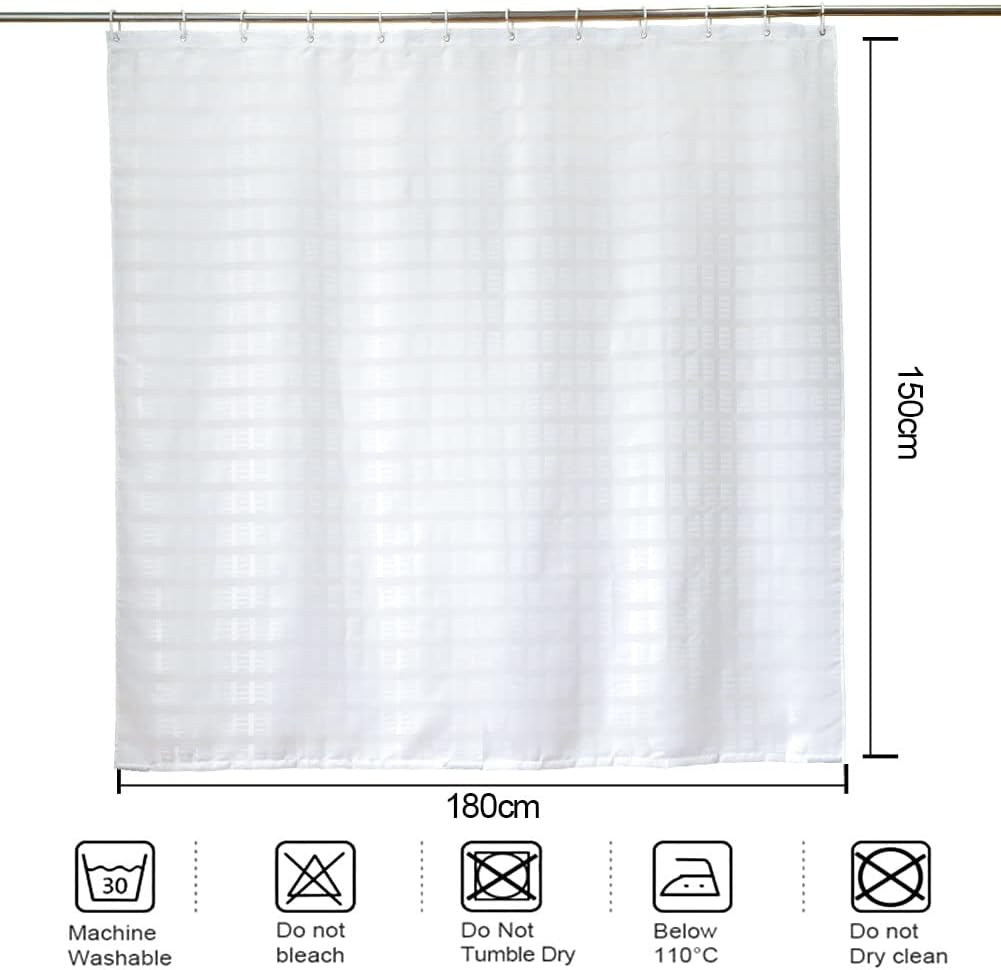 White Jacquard Shower Curtain for Bathroom Tub, Waterproof Fabric with Plastic Hooks, 71" W x 59" L /180x150cm