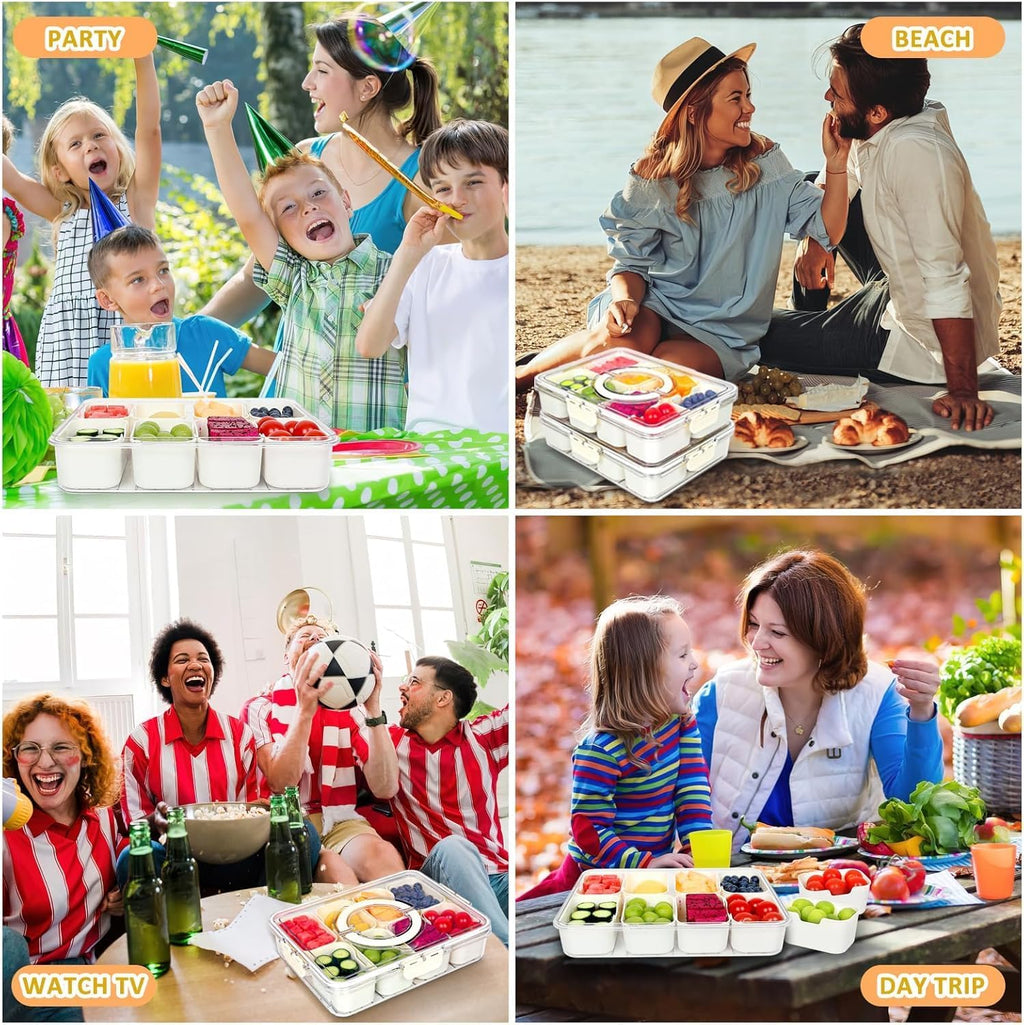 1 Pack Snackle Box, Divided Snack Tray with Lid and Handle, Tray 8 Removable Compartment Box, Reusable Snack Boxes for, Spices, Candy, Fruits, Nuts, Chips and Dip