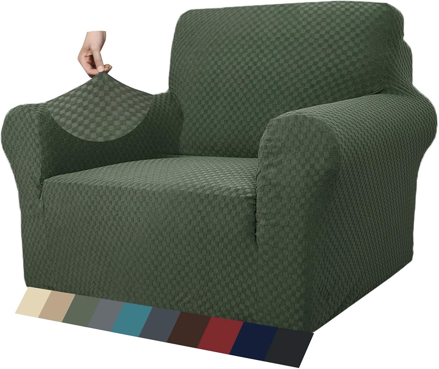 MAXIJIN Newest Jacquard Chair Covers for Living Room, Super Stretch Non Slip Chair Slipcover with Arms Dogs Pet Friendly 1-Piece Elastic Sofa Couch Protector Armchair Cover (1 Seater, Army Green) Main image