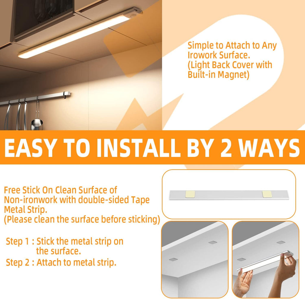 Motion Sensor Lights Indoor (30cm), 3 Pack 60 LED Under Cabinet Lights 6000K, USB Rechargeable Battery Powered Night Lights with Magnetic Strip for Kitchen, Wardrobe, Garage, Stairs, Bedroom