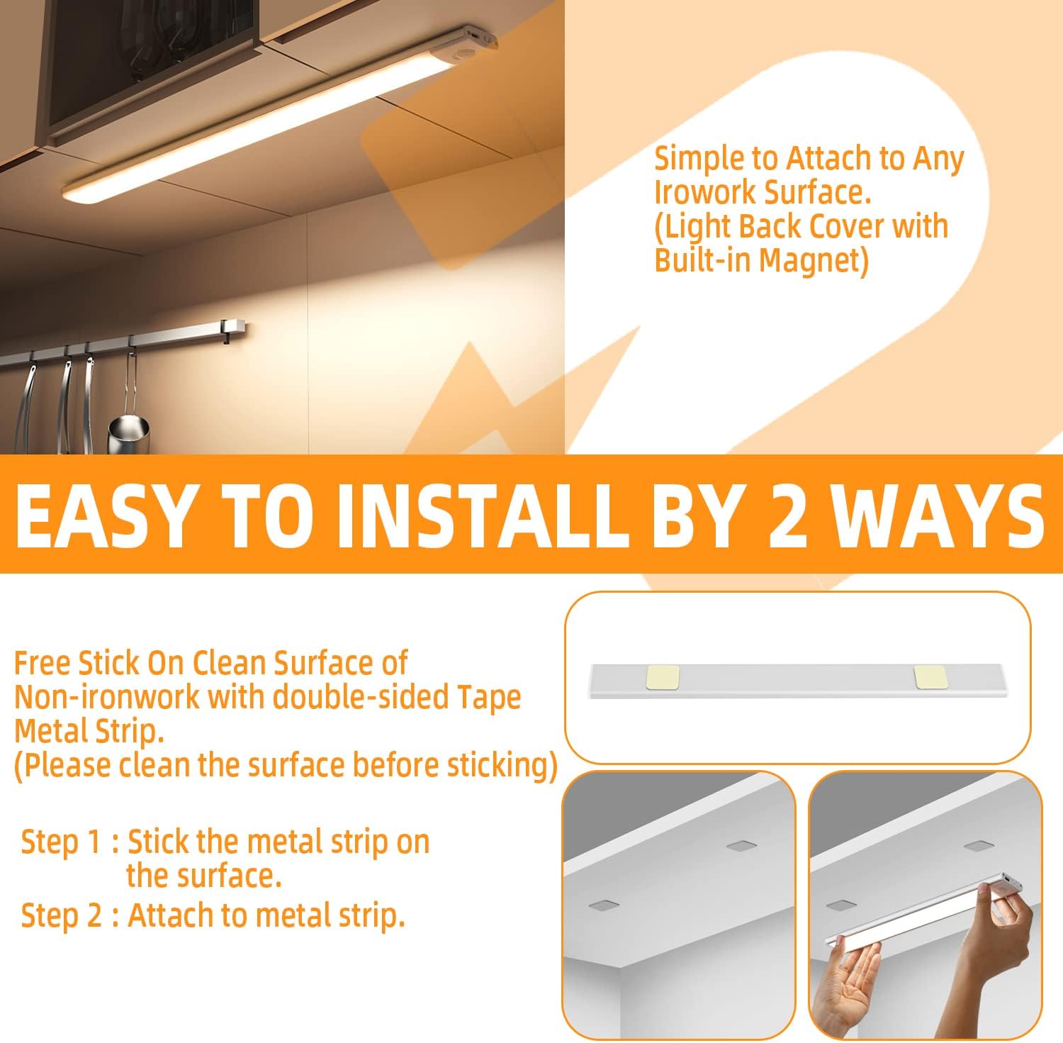Motion Sensor Lights Indoor (30cm), 3 Pack 60 LED Under Cabinet Lights 6000K, USB Rechargeable Battery Powered Night Lights with Magnetic Strip for Kitchen, Wardrobe, Garage, Stairs, Bedroom