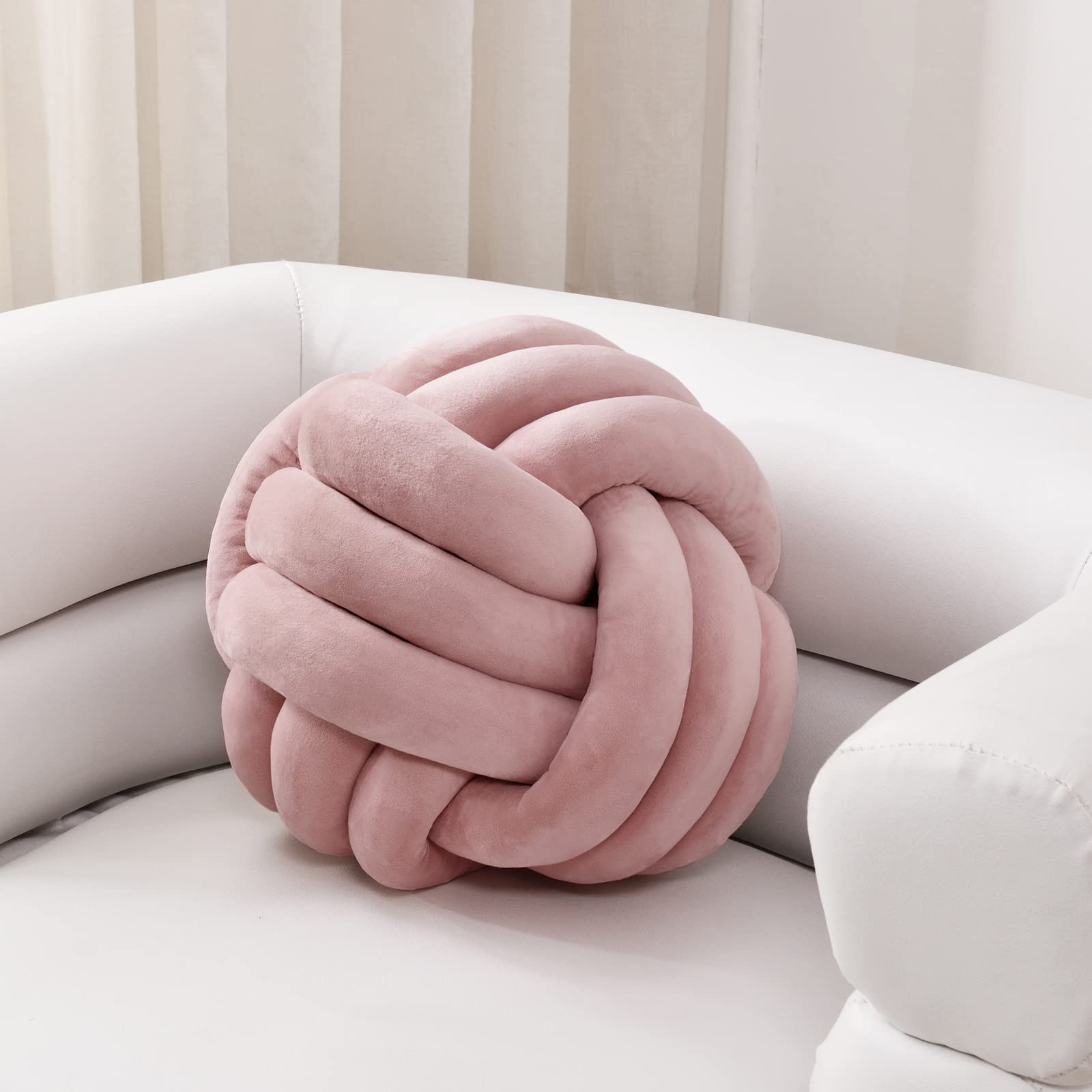Soft Knot Ball Pillow - Round Throw Cushion for Home Decoration, Handmade Plush Knotted Pillow (10.6 Inches, Blush) Main image