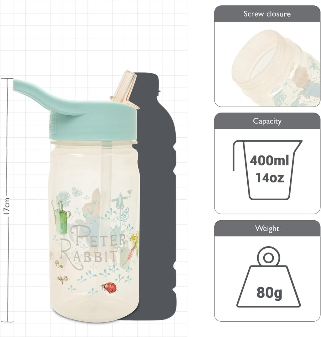 Peter Rabbit Classic Water Bottle with Flip up Straw 400ml –Official Merchandise by Polar Gear – Kids Reusable Non Spill BPA Free - Recyclable Plastic – For School Nursery Sports Picnic – Blue