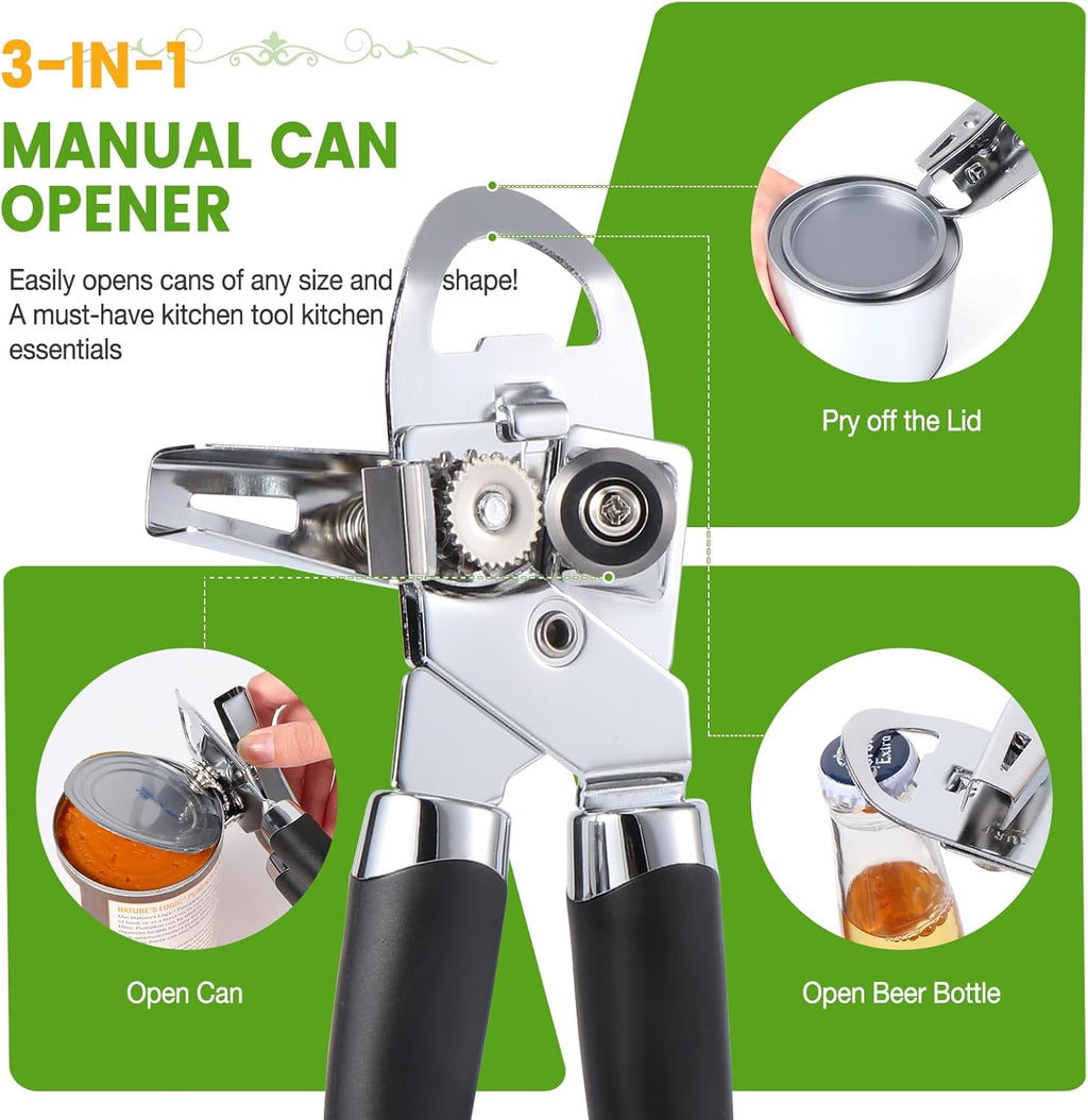 Tin Opener, Diboniur Can Opener Manual, 3-in-1 Multifunctional Can Opener and Bottle Opener, Handheld Heavy Duty Stainless Steel, Black, 8.5"