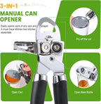 Tin Opener, Diboniur Can Opener Manual, 3-in-1 Multifunctional Can Opener and Bottle Opener, Handheld Heavy Duty Stainless Steel, Black, 8.5"