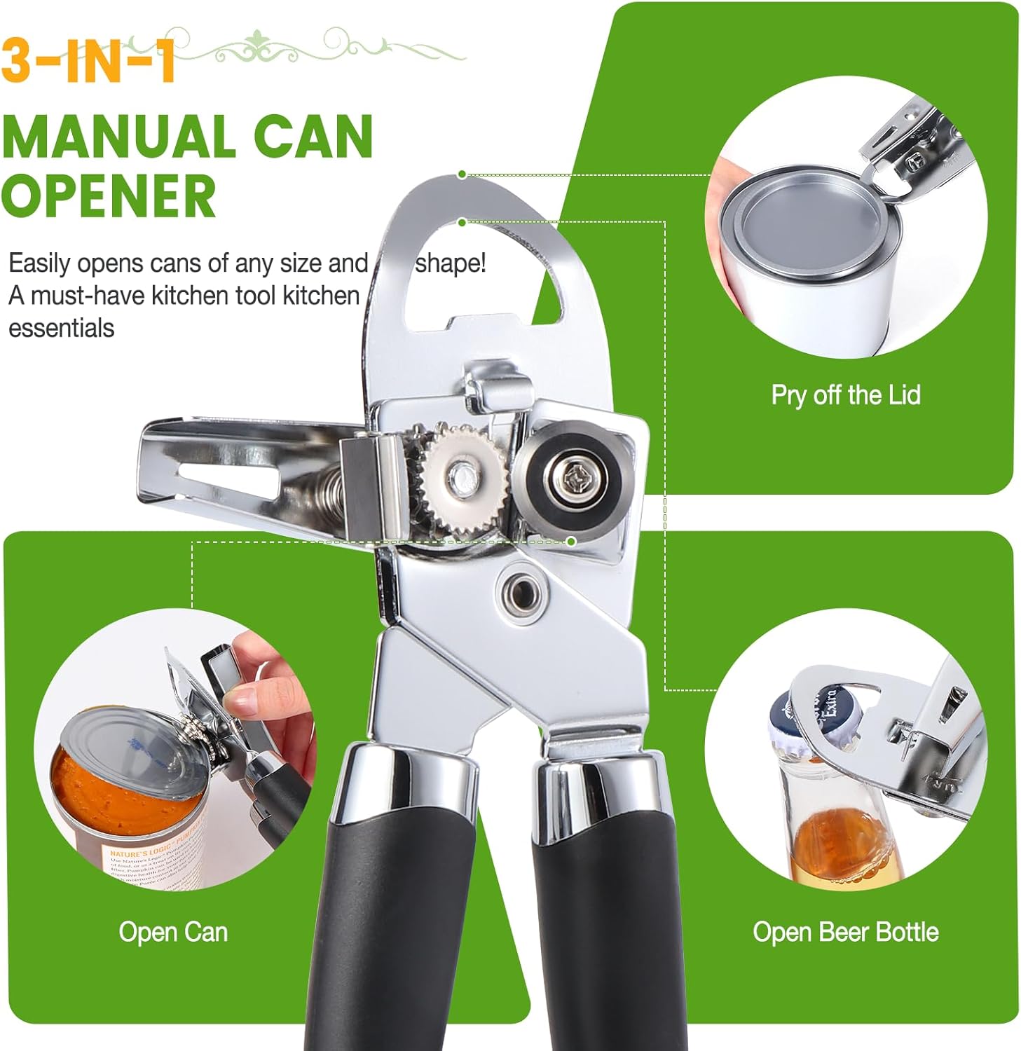 Tin Opener, Diboniur Can Opener Manual, 3-in-1 Multifunctional Can Opener and Bottle Opener, Handheld Heavy Duty Stainless Steel, Black, 8.5"