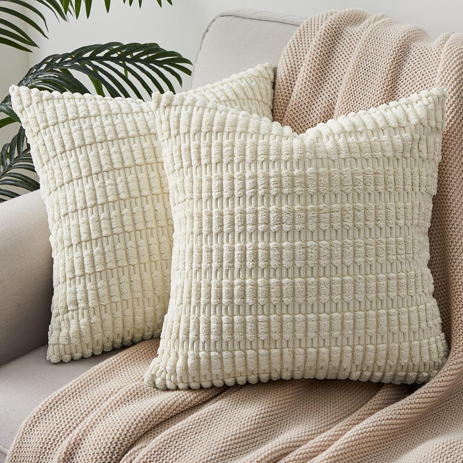 Cream Cushion Covers 50cm x 50cm,Corduroy Decorative Fluffy Pillows Cases,Cushions Cover 20x20 inches with Invisible Zipper for Sofa Bed Livingroom Bedroom,Pack of 2 Main image