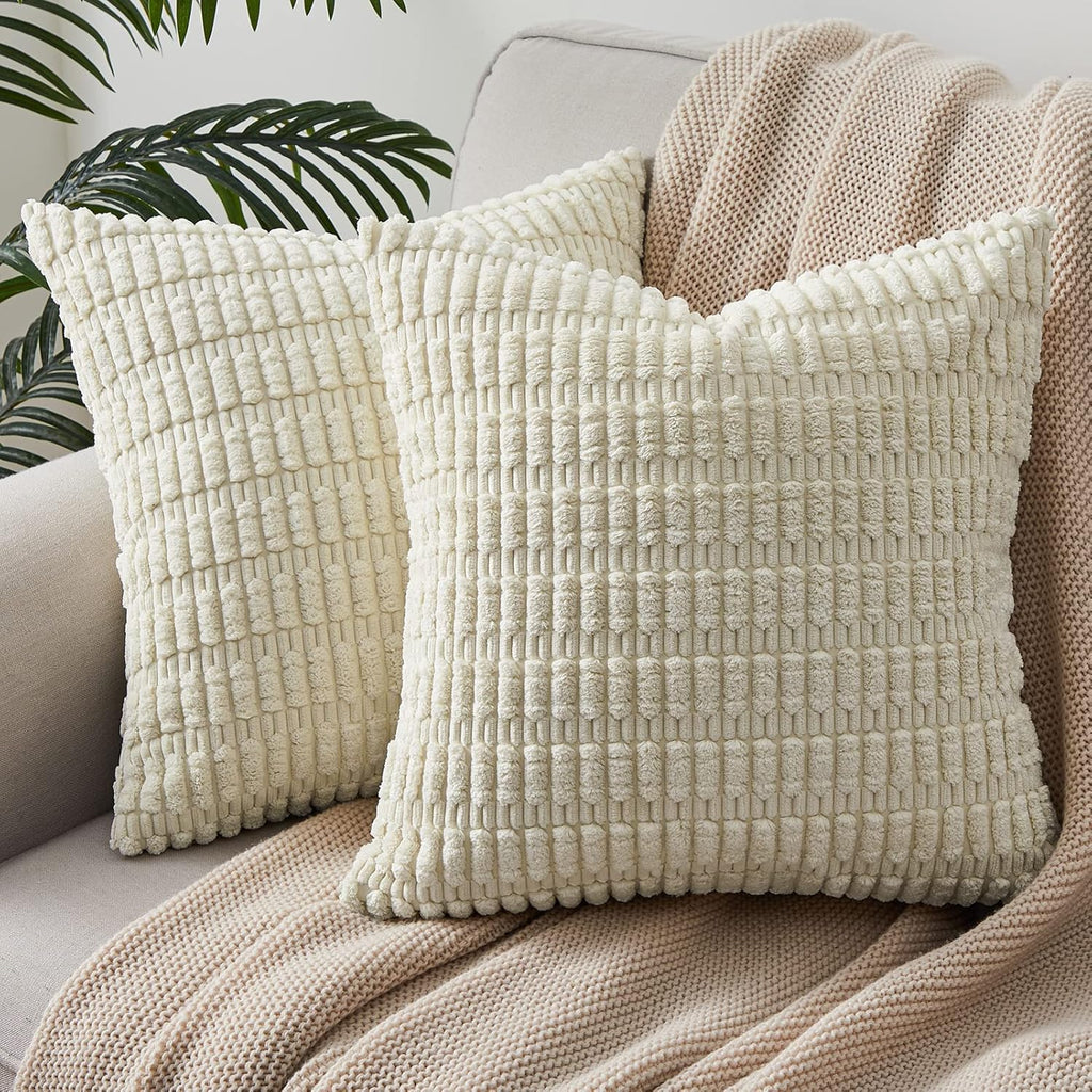 Cream Cushion Covers 50cm x 50cm,Corduroy Decorative Fluffy Pillows Cases,Cushions Cover 20x20 inches with Invisible Zipper for Sofa Bed Livingroom Bedroom,Pack of 2
