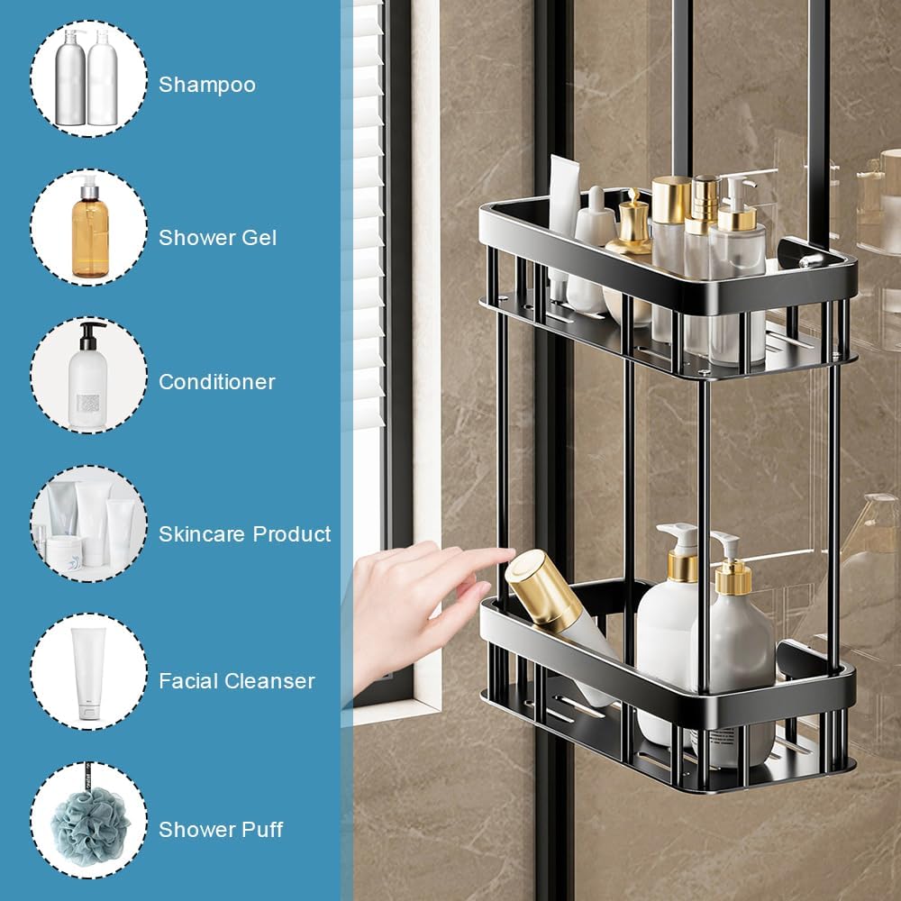 Shower Caddy Hanging, 2 Tier Over Door Shower Shelf No Drilling Showers Organiser Hanging Storage Rack Holder Showers Basket Organizer with 6 Hooks for Bathroom Shampoo Gel, Black