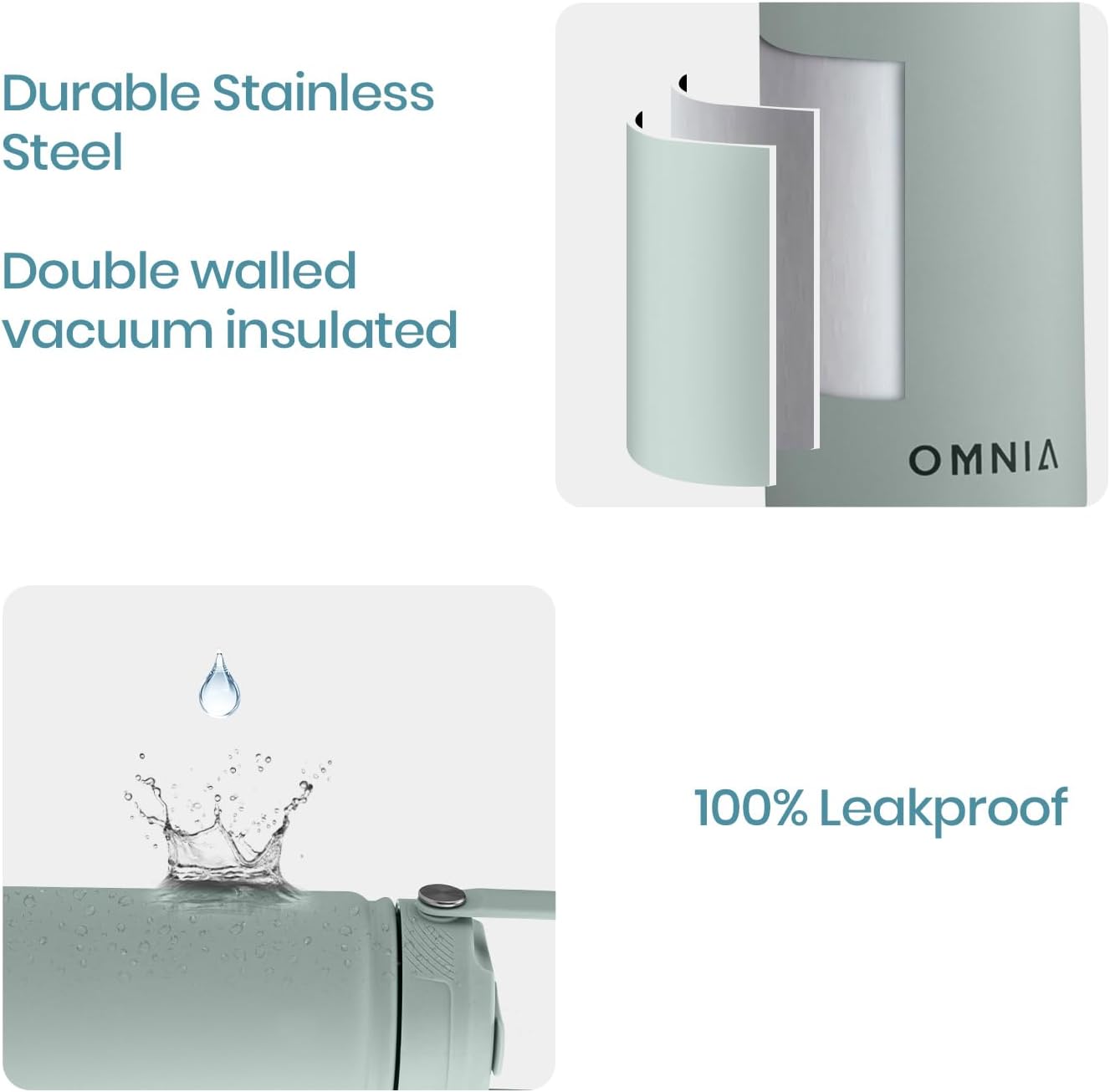 OMNIA Vacuum Insulated Stainless Steel Water Bottle, 2 Lids (Straw & Spout) Leakproof, BPA-Free, Reusable Flask, Hot & Cold Thermos for Sports, Gym, Travel, Outdoors (Cool Green, 750ML)