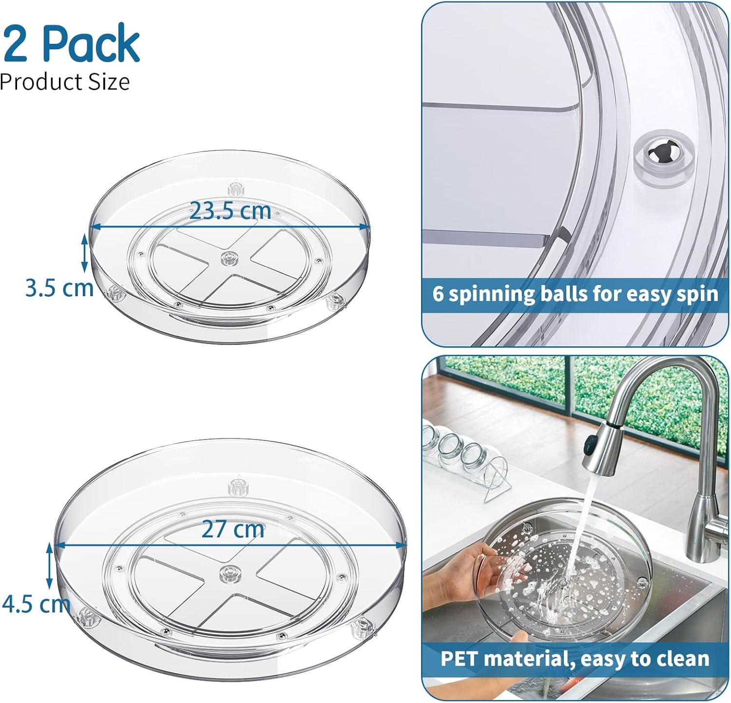 2 Pcs Lazy Susan Turntable Cupboard Organiser(27+23.5cm), Rotating spice rack Fridge turntable organiser, spinning cupboard organiser, turntable storage 9.3+10.6 Inch for Cabinet,Fridge,Pantry