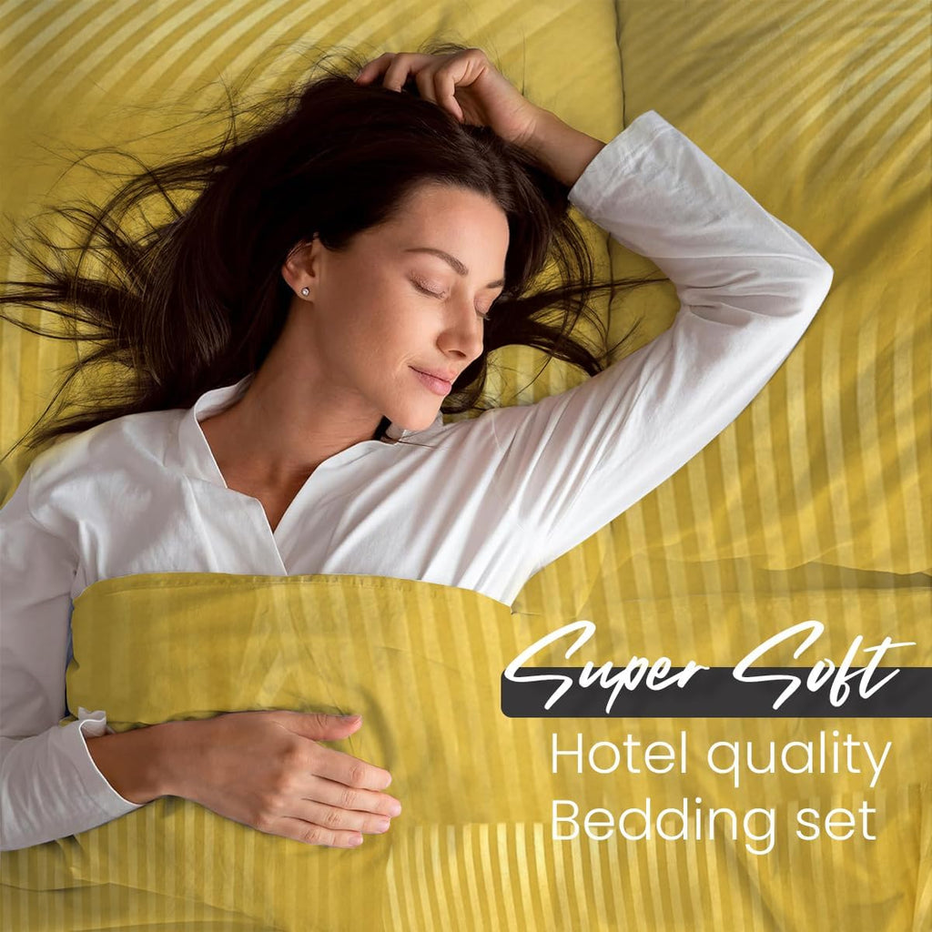 DTEX HOMES Double Duvet Set Brushed Microfiber Satin Stripes Easy Care Duvet Cover with Pillow cases (Mustard-Double)
