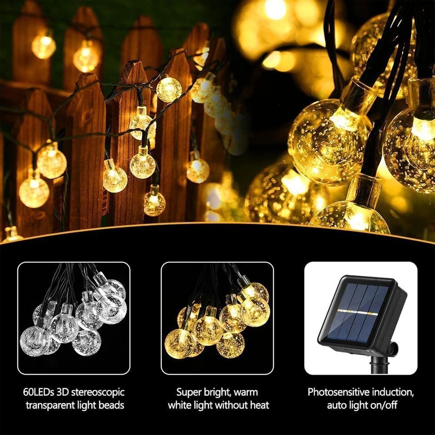 Solar Garden Lights Outdoor, 36ft 60 LED String Lights Waterproof, Solar Powered Crystal Ball Indoor/Outdoor Fairy Lights Decorative Lights for Garden, Patio, Yard, Parties (Warm White)