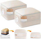 Space-Saving Compression Storage Bags - 2 Pack Foldable Duvet Storage Organisers Large Compression Packing Cubes with Clear Window for Moving, Dorm, Down Jackets, Clothes, Bedding (Beige)