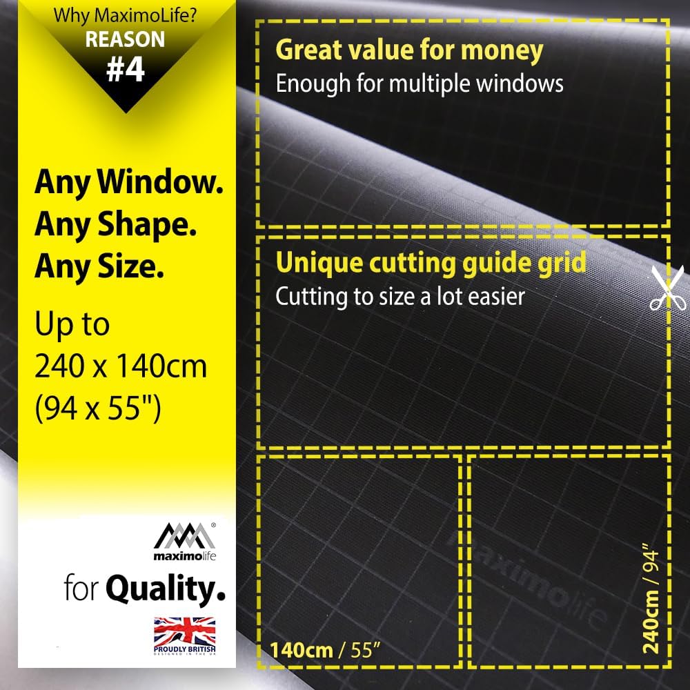 Ultimate 100% Blackout Blind | Fits Any Size/Shape Window | Unique Cutting Guide Easier Cut-to-Size | Super Strong Suction Cups | Heat & Cold Resistant Hook & Loop | No Drill Stick On