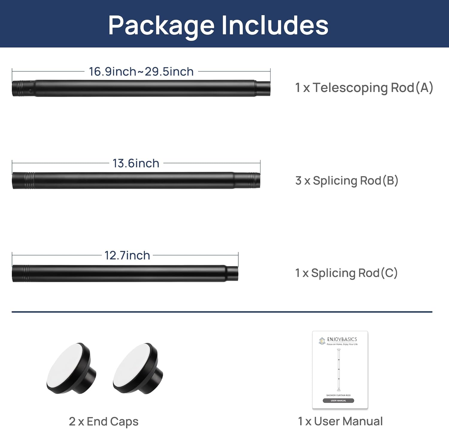 Matte Black Shower Curtain Pole 84 to 183 cm, 1 Inch Extendable Tension Rods for Curtains No Drill, Shower Rail for Bathroom, Closet, Window, Room Divider, Never Rust, Non Slip