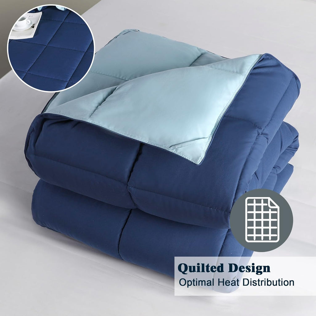 3 Pieces Navy Blue Coverless Duvet King - 240 x 220cm - Cassette Box Construction - Corner Duvet Tabs - Solid Reversible 10.5 Tog Comforter - 100% Down Alternative & Breathable Bedding