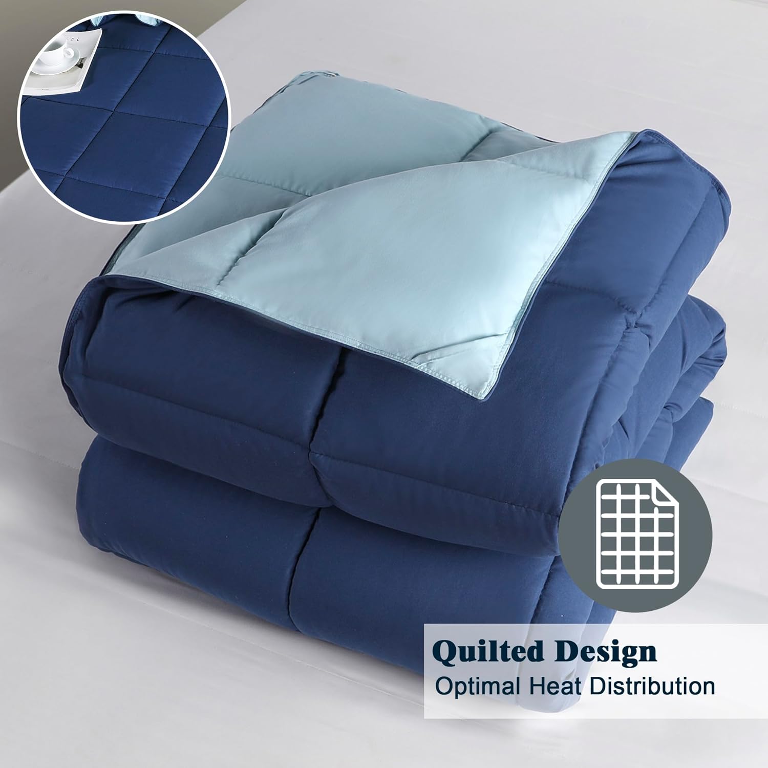 3 Pieces Navy Blue Coverless Duvet King - 240 x 220cm - Cassette Box Construction - Corner Duvet Tabs - Solid Reversible 10.5 Tog Comforter - 100% Down Alternative & Breathable Bedding