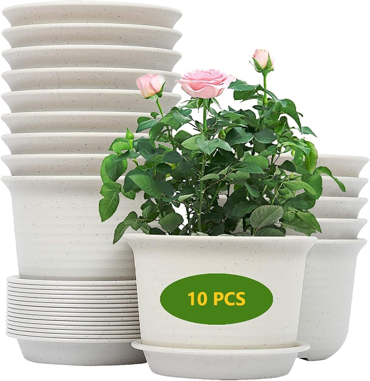 KAHEIGN 10Pcs Plastic Flower Pots, 15cm Thicken Plant Pots Plant Container Indoor Gardening Pot with Drainage Pallet (White Grey) Main image
