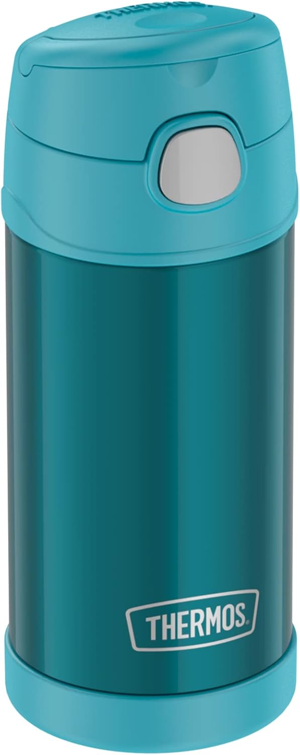 THERMOS Kids FUNTAINER Straw Bottle 0.35 L, Ocean Teal, thermos Flask for Children, Made of Stainless Steel, with Straw, 12 Hours Cold, Absolutely Leak-Proof, for School, Nursery, Break