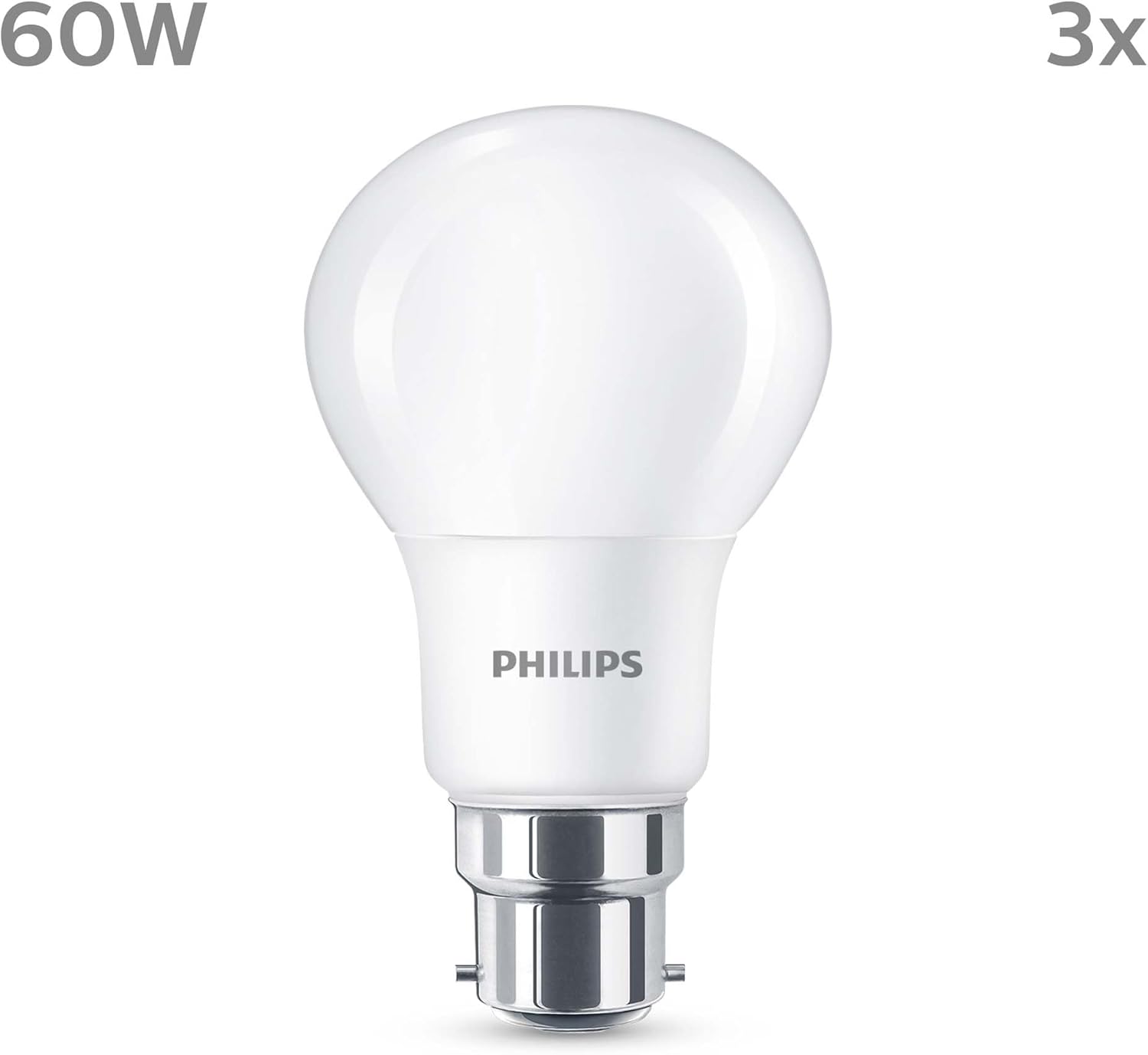 Philips LED Frosted A60 Light Bulb 3 Pack (Warm White 2700K - B22 Bayonet Cap) 60W, Non Dimmable for Home Indoor Lighting, Value Range