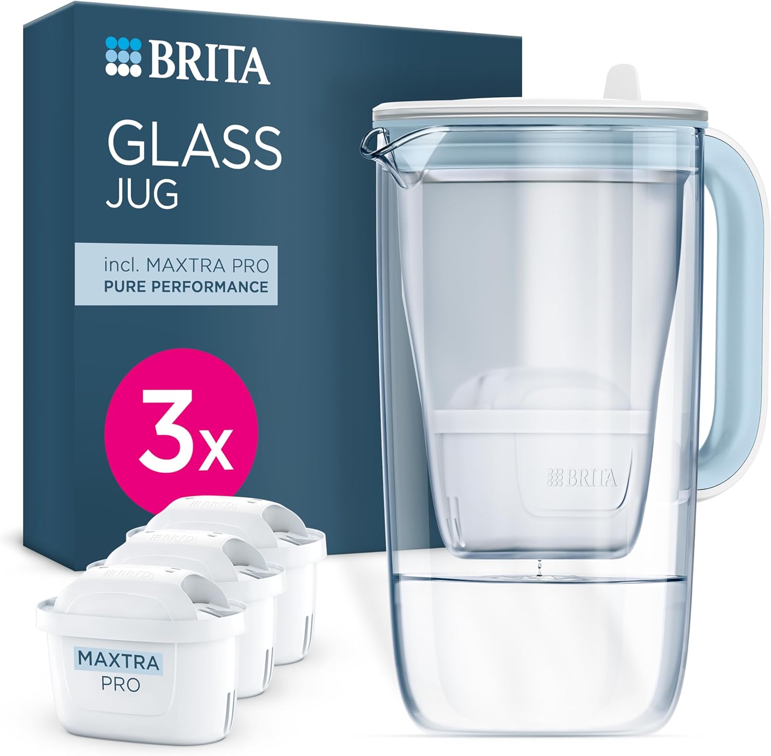 Glass Water Filter Jug Light Blue (2.5L) Starter Pack inc. 3x MAXTRA PRO Pure Performance - Premium Glass jug with easy-filling Flip-Lid and Indicator - in sustainable Smart Box packaging Main image