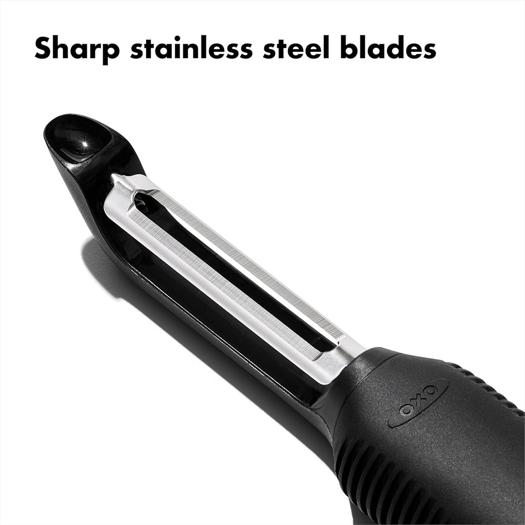 Good Grips Swivel Peeler – Twin Stainless Steel Blades for Apples, Potatoes & More – Built-in Potato Eyer – Non-Slip Handle – Dishwasher Safe Peeler for Tough-Skinned Fruit & Vegetables