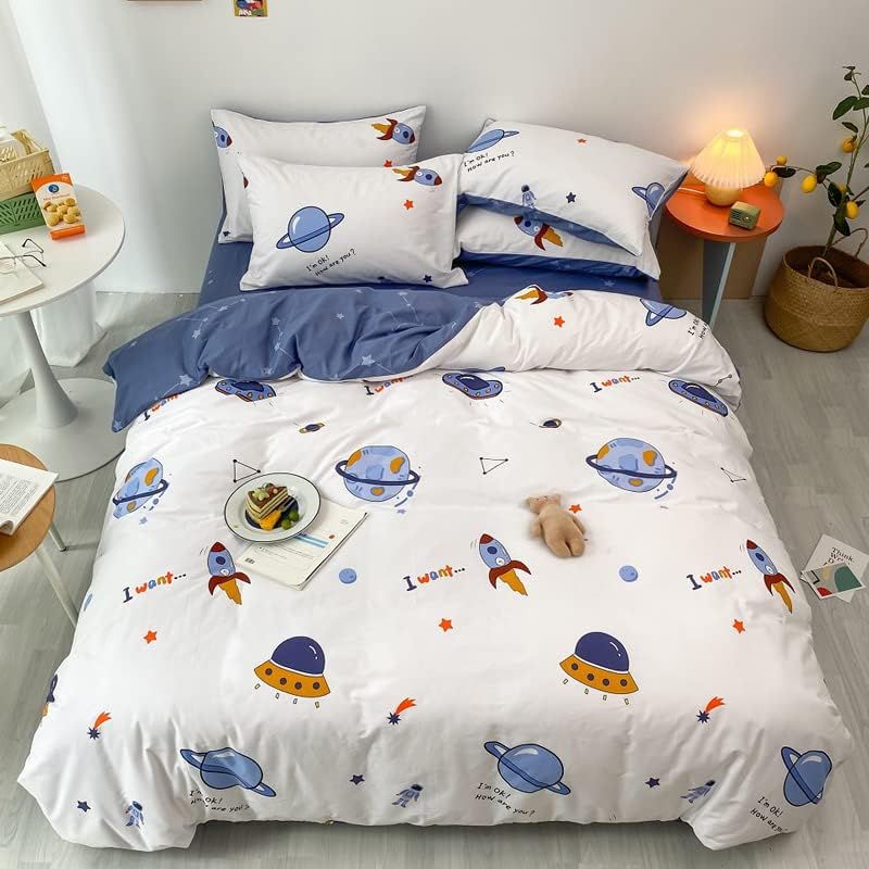 HAVOP 100% Cotton Duvet Cover Double Size Kids Boys Girls Cartoon Space Bedding Set Rocket Planet Stars Printed Quilt Cover Set White And Blue All Season Bedding Set, 200×200 cm Main image