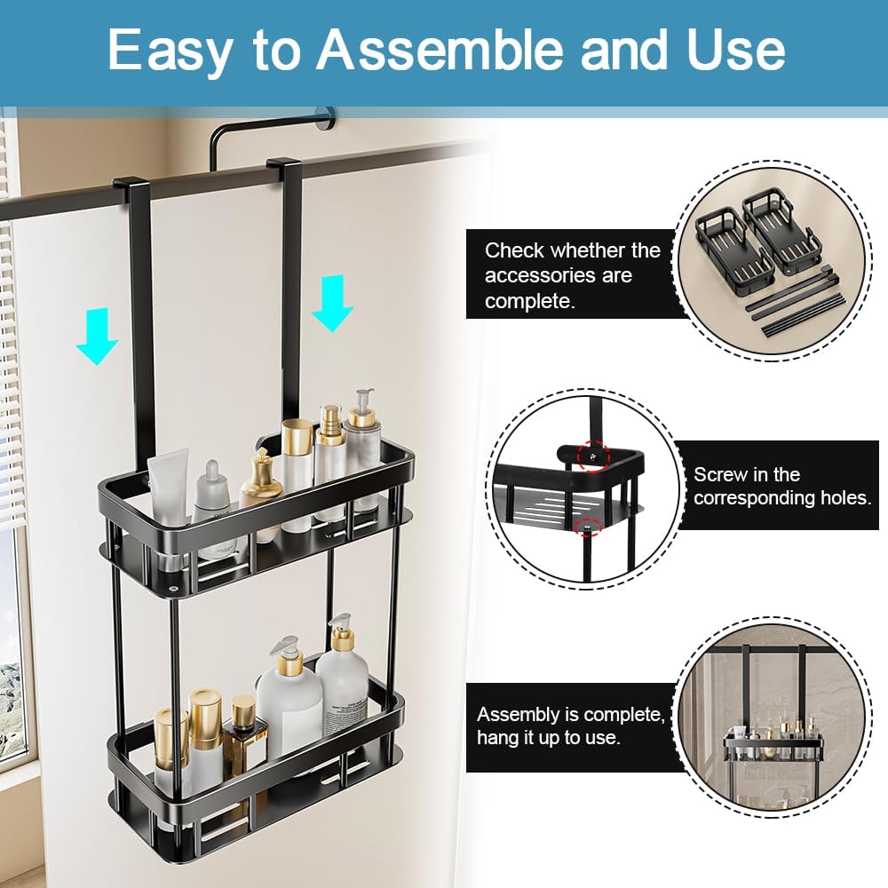 Shower Caddy Hanging, 2 Tier Over Door Shower Shelf No Drilling Showers Organiser Hanging Storage Rack Holder Showers Basket Organizer with 6 Hooks for Bathroom Shampoo Gel, Black