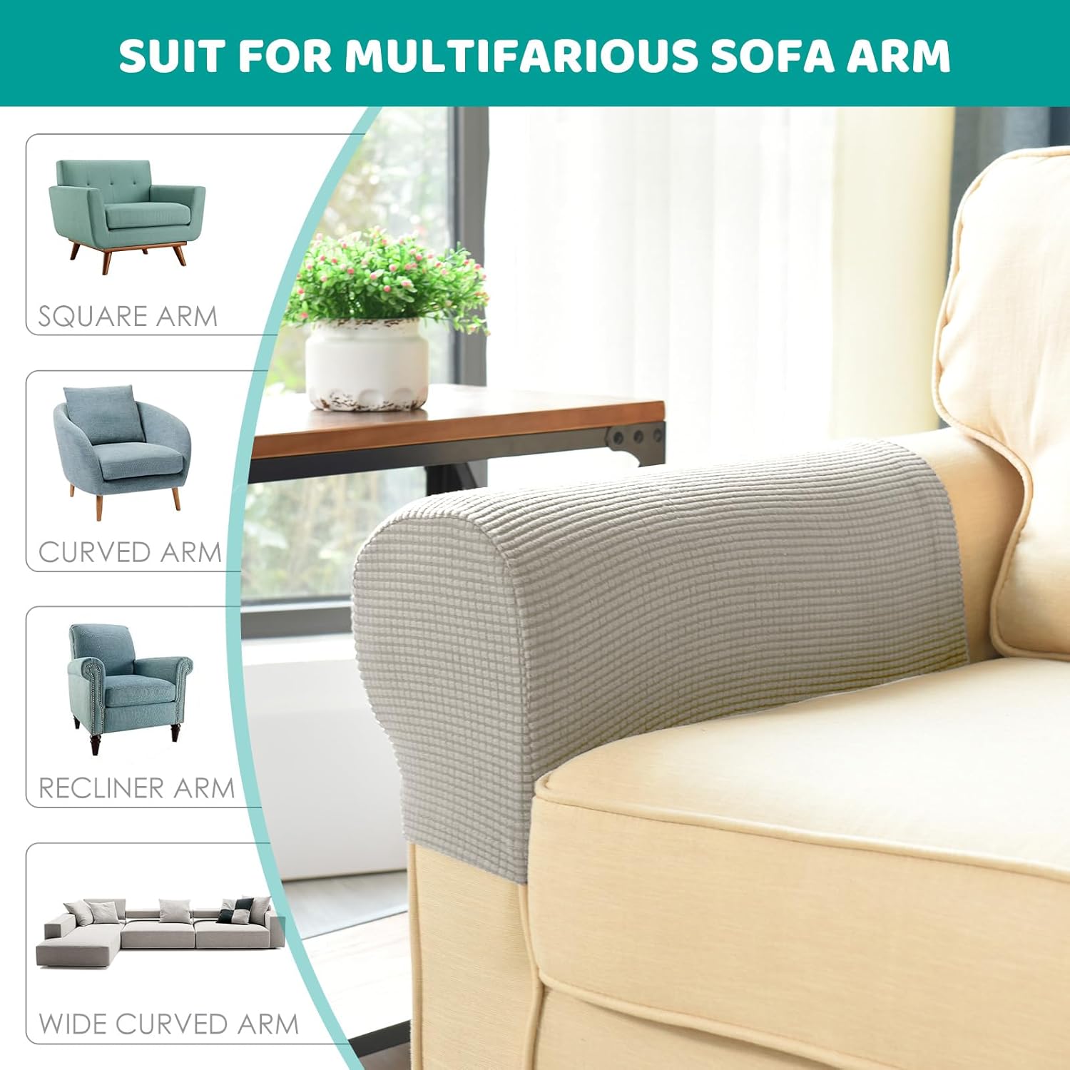 Armrest Chair Covers, Set of 4 Stretch Armrest Chair Anti-Slip Furniture Protector Slipcovers Chair Sofa Couch Protector Stretch Fit for Armchairs Sofa Couches Recliner (Lvory) Secondary image