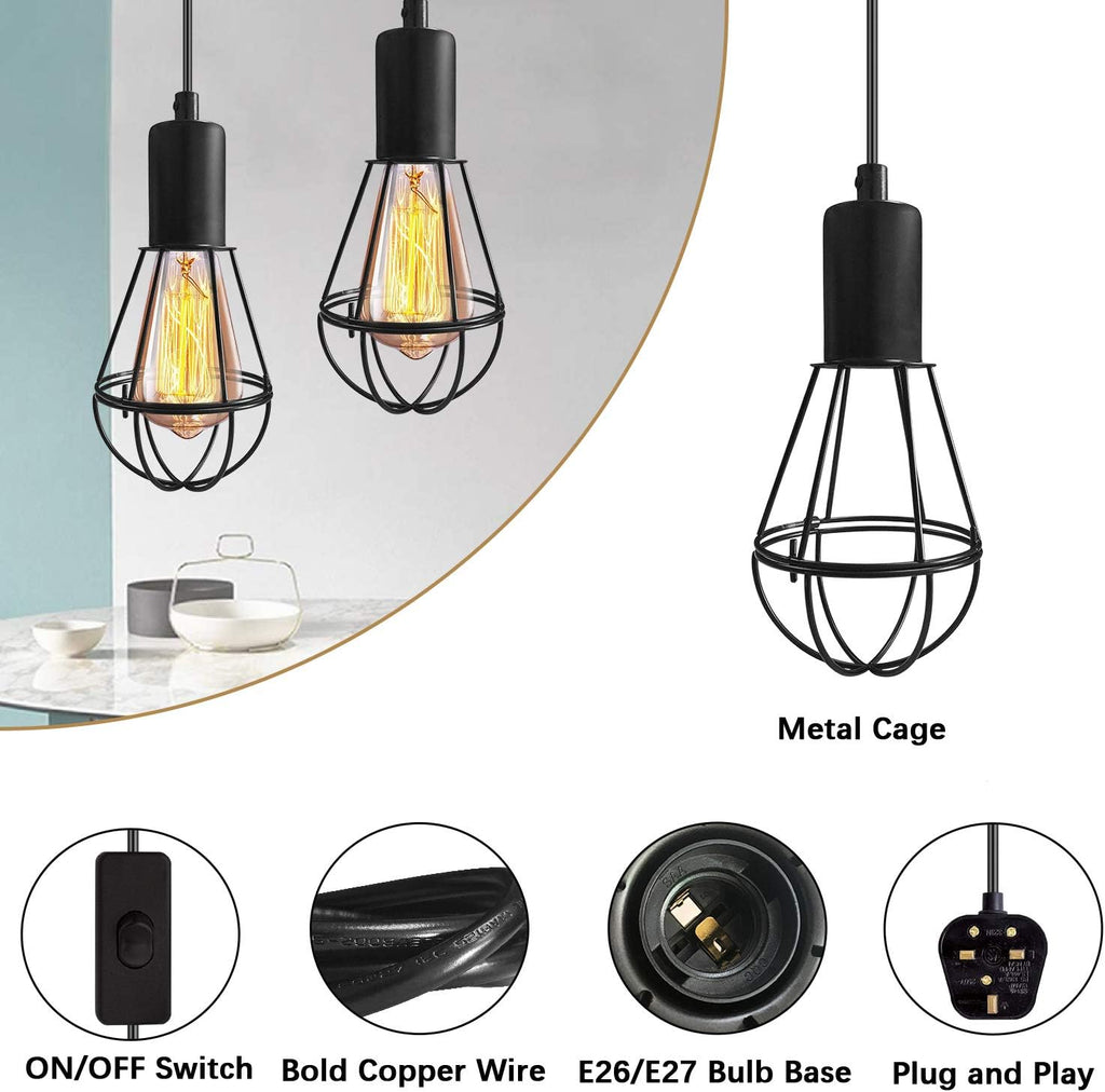 Vintage Suspended Pendant Light Ceiling Lighting Fitting, E27 Lamp Holder with 6M Plug and Switch, Industrial Plug in Ceiling Lights, Retro Cage Hanging Lights Plug in Pendant Lights for Loft