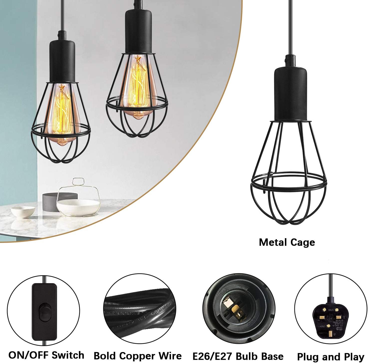 Vintage Suspended Pendant Light Ceiling Lighting Fitting, E27 Lamp Holder with 6M Plug and Switch, Industrial Plug in Ceiling Lights, Retro Cage Hanging Lights Plug in Pendant Lights for Loft