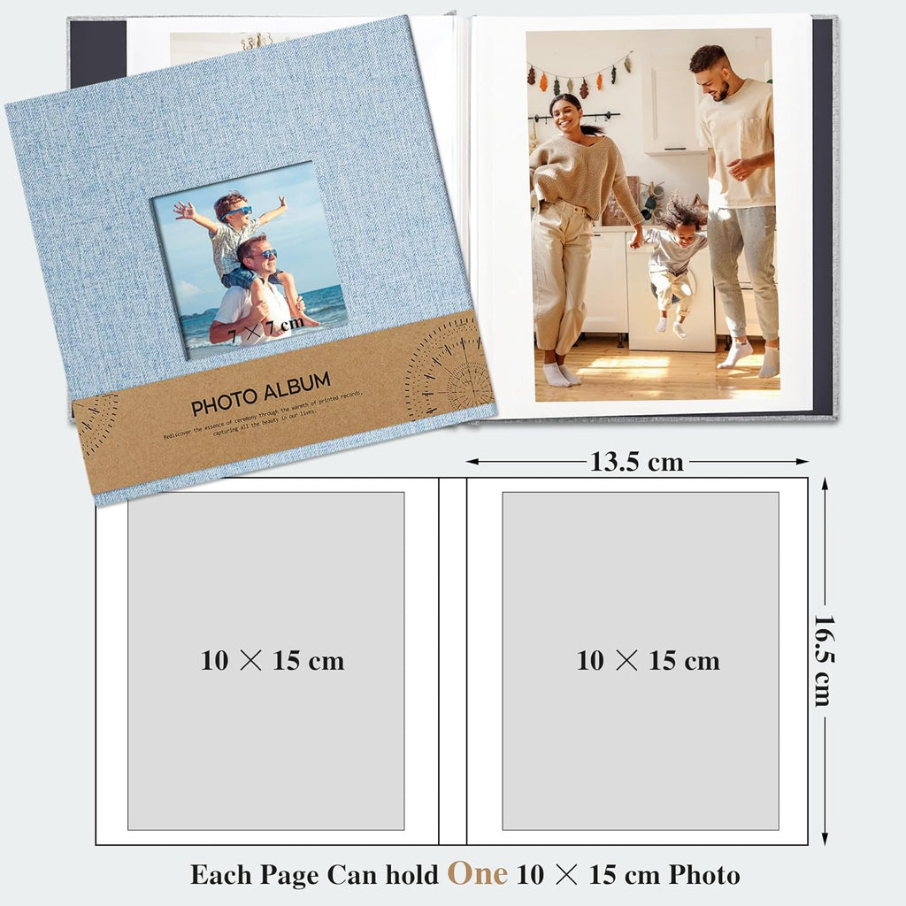 Self Adhesive Photo Album with Picture Window for 4 x 6 Photos, Linen Cover DIY Scrap Book Album 40 White Pages for Travel, Photo Book with a Ballpoint Pen, 17 x 18 cm, Sky Blue