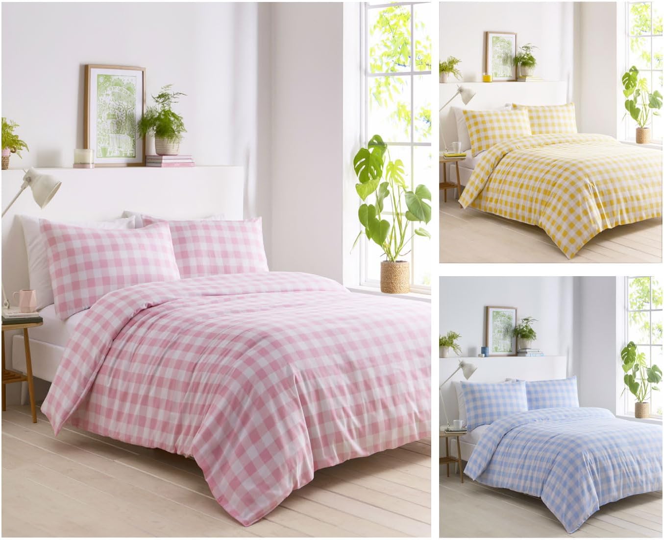 Gingham Duvet Sets Check Bedding Quilt Cover Pillow Cases (Yellow, Single)